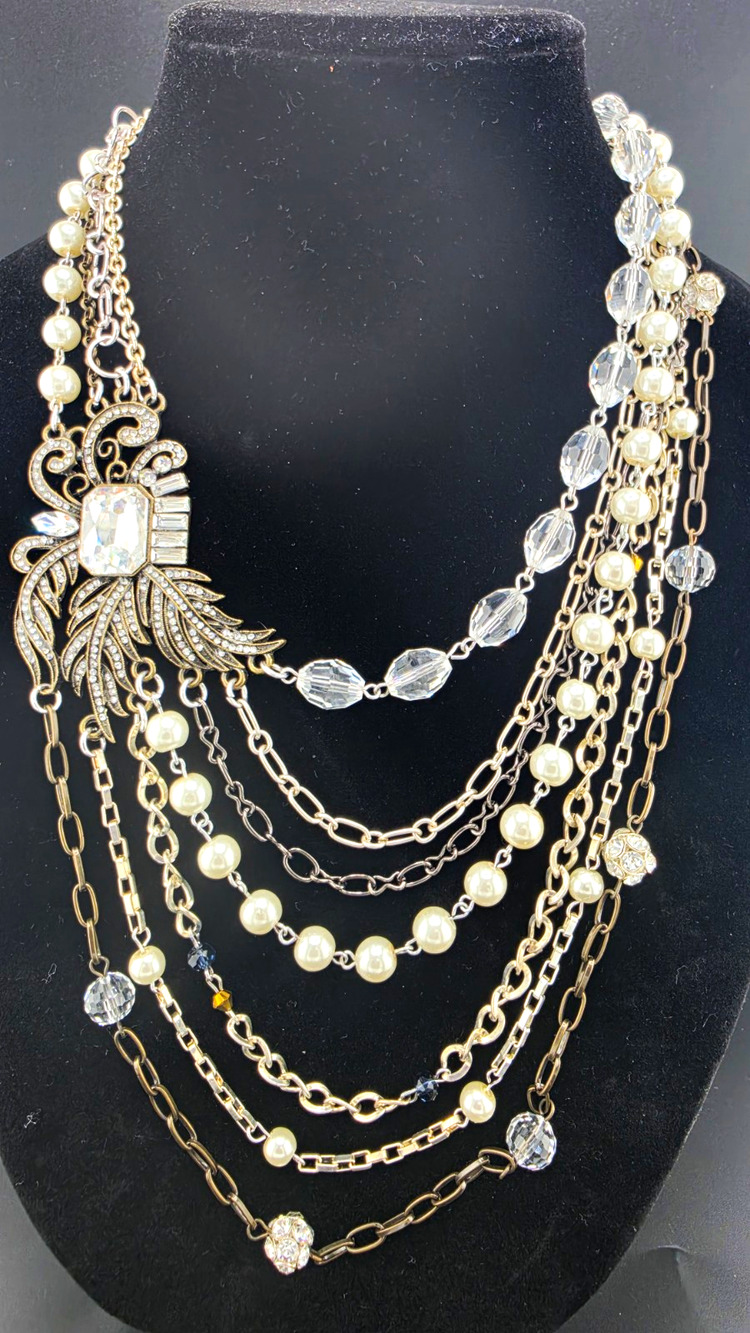 Plunder Silver Tone Layered Chain Necklace Crystal & Imitation Pearls
